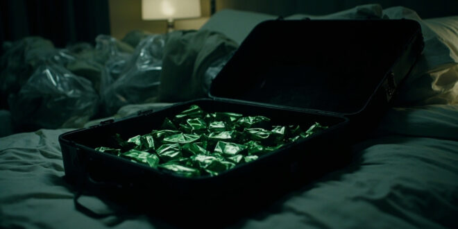 Open black suitcase on hotel bed containing multiple green foil packages arranged in rows