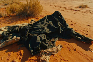 Damaged parachute fabric twisted and torn against rocky desert terrain with emergency equipment scattered across the arid ground