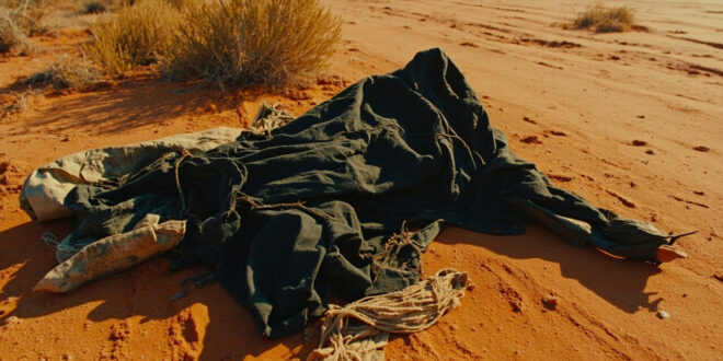 Damaged parachute fabric twisted and torn against rocky desert terrain with emergency equipment scattered across the arid ground