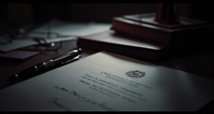 Official document with signature and government seal on wooden desk with formal pen