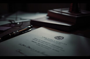 Official document with signature and government seal on wooden desk with formal pen