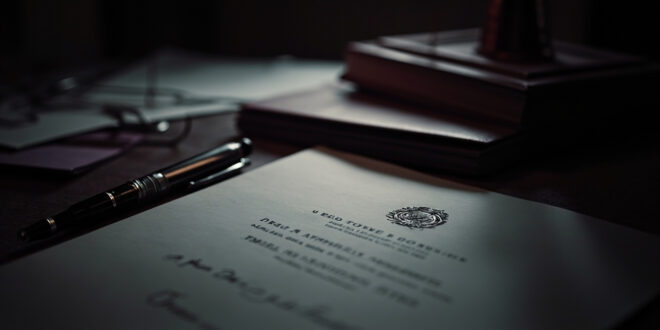 Official document with signature and government seal on wooden desk with formal pen