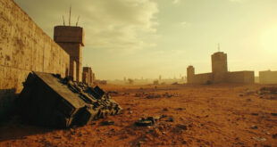Overturned military vehicle and scattered equipment at concrete checkpoint with watchtowers in desert setting