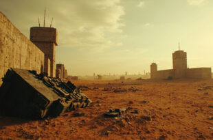 Overturned military vehicle and scattered equipment at concrete checkpoint with watchtowers in desert setting