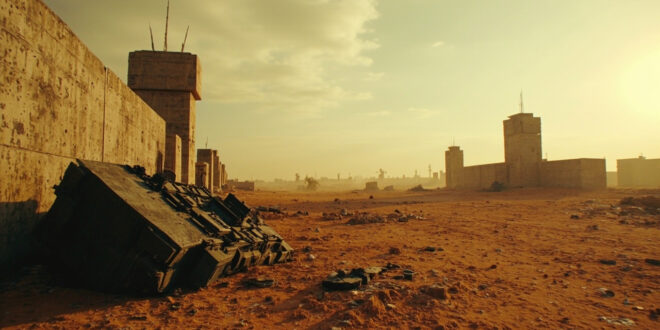Overturned military vehicle and scattered equipment at concrete checkpoint with watchtowers in desert setting