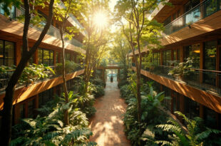 Courtyard with tall trees and plants enclosed by timber-framed glass building facades, terracotta paving below
