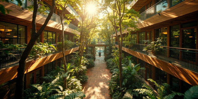Courtyard with tall trees and plants enclosed by timber-framed glass building facades, terracotta paving below