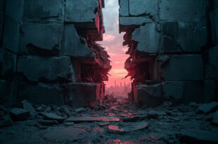 Cracked stone wall with fractures spreading across dark surface, barrier showing structural compromise