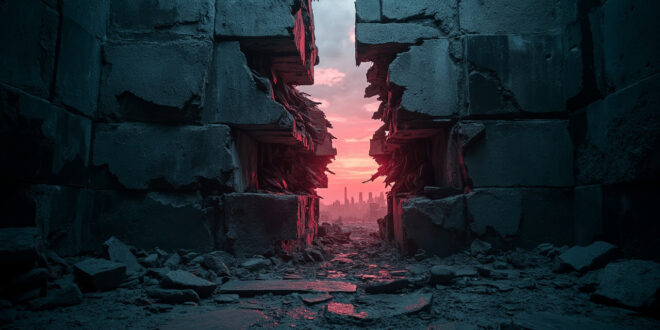 Cracked stone wall with fractures spreading across dark surface, barrier showing structural compromise