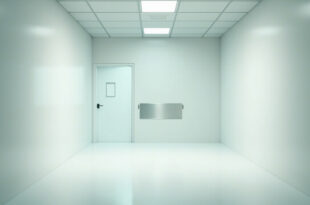 Empty hospital corridor with fluorescent lighting and closed patient room door