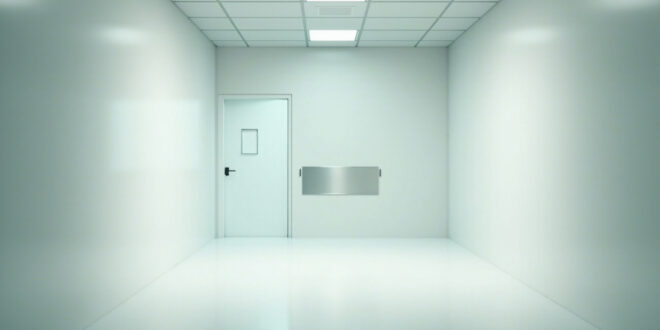 Empty hospital corridor with fluorescent lighting and closed patient room door