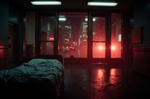 Empty medical gurney near hospital entrance with emergency lights glowing red against night sky and Manhattan buildings