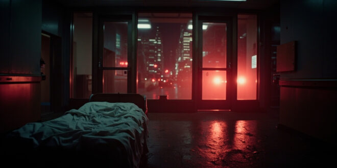 Empty medical gurney near hospital entrance with emergency lights glowing red against night sky and Manhattan buildings