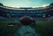 Football on empty stadium field with purple Ravens endzone and memorial ribbons in dramatic lighting.