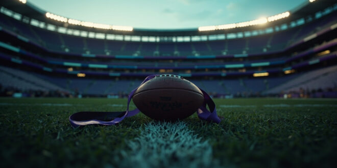 Football on empty stadium field with purple Ravens endzone and memorial ribbons in dramatic lighting.