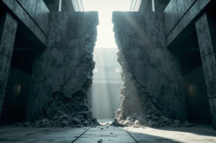 Cracked concrete wall with dramatic lighting casting shadows through fissures in empty institutional space