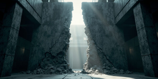 Cracked concrete wall with dramatic lighting casting shadows through fissures in empty institutional space
