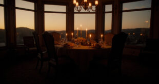 Elegant dining room with set table, empty chairs, and soft lighting in a Hidden Hills home interior
