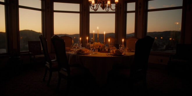 Elegant dining room with set table, empty chairs, and soft lighting in a Hidden Hills home interior