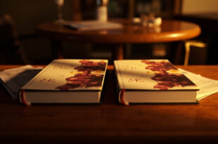 Two identical hardcover books open to the same page on a wooden table with ambient bar lighting