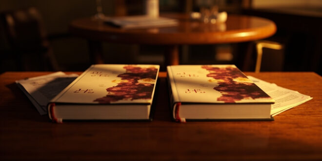 Two identical hardcover books open to the same page on a wooden table with ambient bar lighting