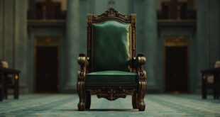 Empty presidential chair stands in formal chamber with green and gold tones