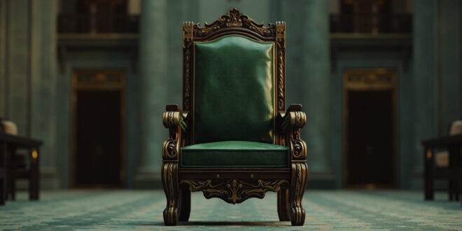 Empty presidential chair stands in formal chamber with green and gold tones