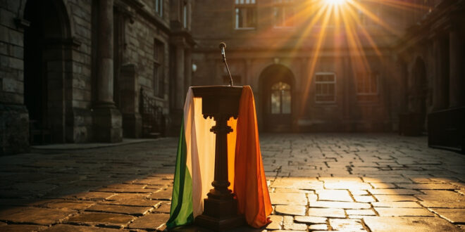 Empty wooden podium with microphone and Irish tricolor flag in historic Dublin Castle courtyard at twilight