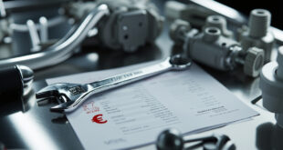 Automotive tools and car parts on steel workbench in professional garage setting with price documentation.