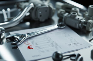 Automotive tools and car parts on steel workbench in professional garage setting with price documentation.