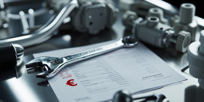 Automotive tools and car parts on steel workbench in professional garage setting with price documentation.