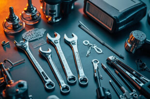 Expensive car parts and professional tools arranged on workshop surface showing rising repair costs