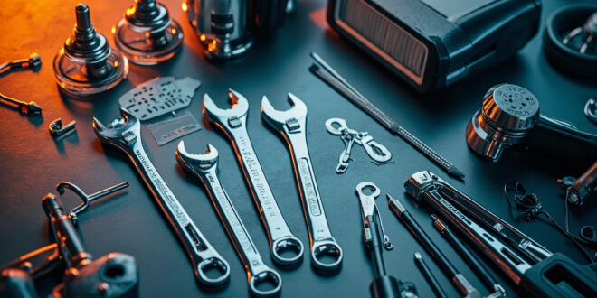 Expensive car parts and professional tools arranged on workshop surface showing rising repair costs