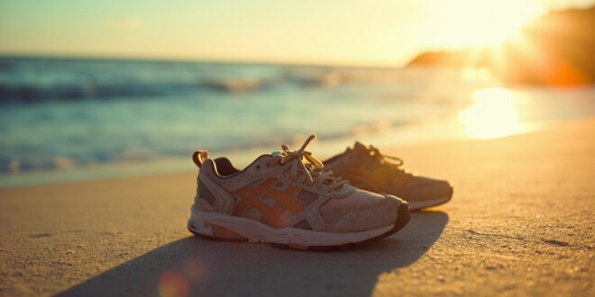 Small worn sneakers on beach sand beside calm ocean waves at sunset, symbolizing journey and recovery