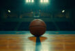 Single basketball on polished gymnasium floor under overhead lights with memorial ribbons visible on bleachers