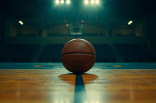 Single basketball on polished gymnasium floor under overhead lights with memorial ribbons visible on bleachers