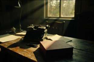 Closed hardcover book on wooden desk with manuscript pages and vintage typewriter in warm window light