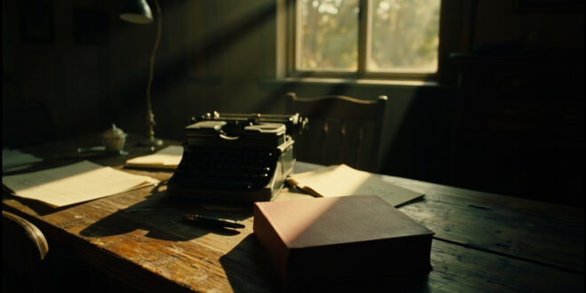 Closed hardcover book on wooden desk with manuscript pages and vintage typewriter in warm window light