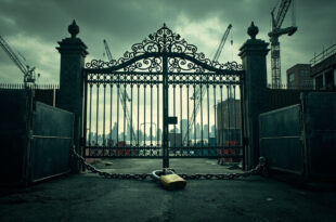 Heavy chain and padlock securing iron gate at construction site with London skyline and river in background