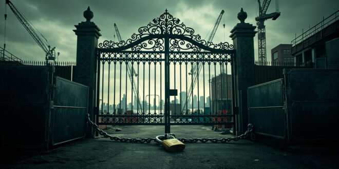 Heavy chain and padlock securing iron gate at construction site with London skyline and river in background
