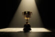 Golden football trophy on black marble pedestal in dramatic spotlight with geometric shadows