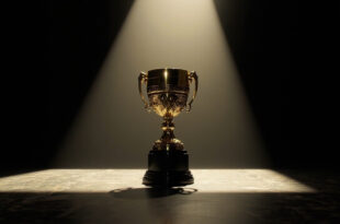Golden football trophy on black marble pedestal in dramatic spotlight with geometric shadows