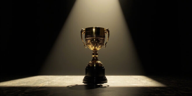 Golden football trophy on black marble pedestal in dramatic spotlight with geometric shadows