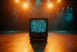 Retro television set on wooden ballroom floor illuminated by warm stage lights in empty studio