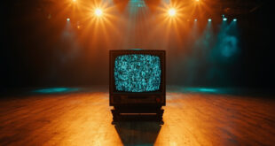Retro television set on wooden ballroom floor illuminated by warm stage lights in empty studio