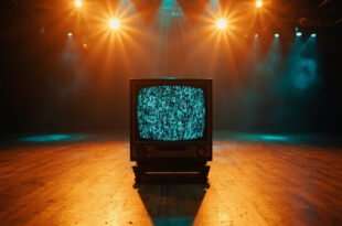 Retro television set on wooden ballroom floor illuminated by warm stage lights in empty studio