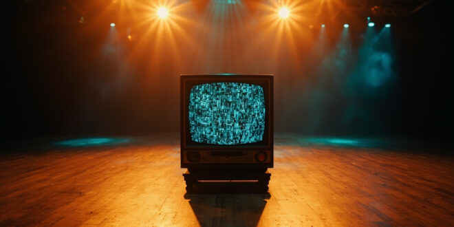 Retro television set on wooden ballroom floor illuminated by warm stage lights in empty studio