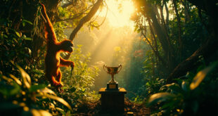 Dense Sumatran rainforest canopy with vibrant orange and green foliage illuminated by filtered sunlight