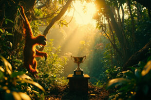 Dense Sumatran rainforest canopy with vibrant orange and green foliage illuminated by filtered sunlight