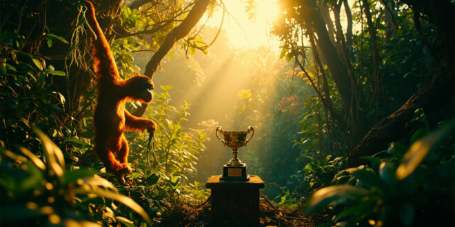 Dense Sumatran rainforest canopy with vibrant orange and green foliage illuminated by filtered sunlight